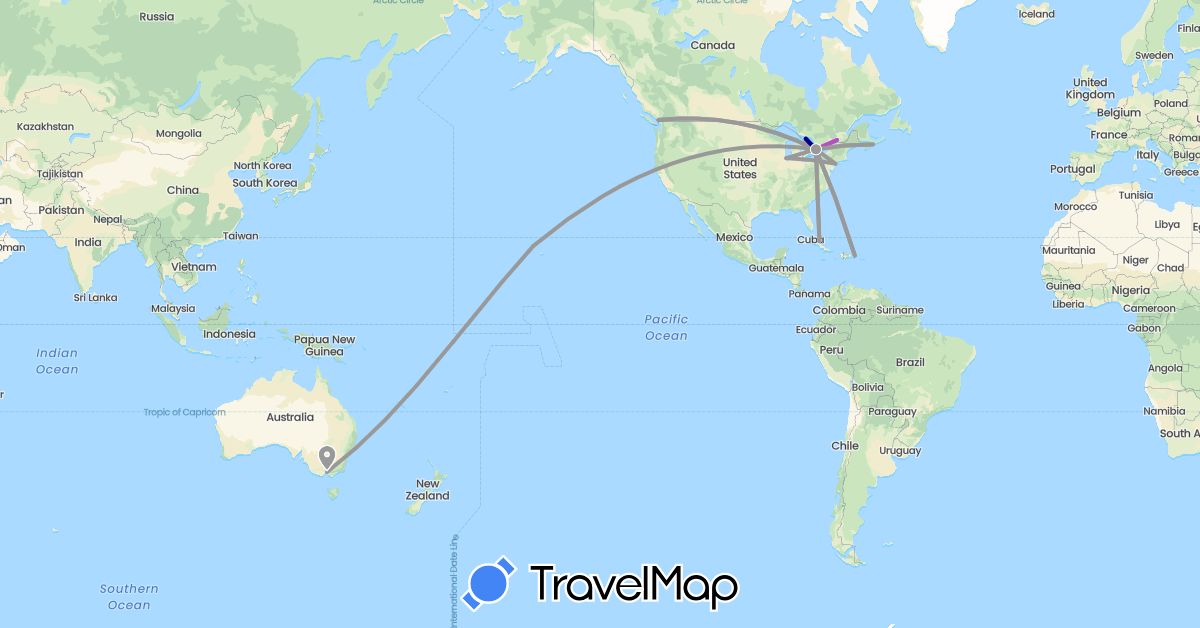 TravelMap itinerary: driving, plane, train in Australia, Canada, Cuba, Dominican Republic, United States (North America, Oceania)